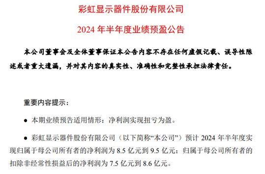 彩虹股份2024年半年度業績預告：成功扭虧，前景向好